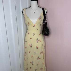 Baby Yellow Floral Maxi Dress with Side Slit and Tie Straps - Fairycore/Coquette